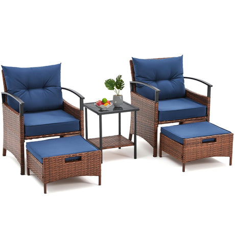 AVAWING 5 PCS Outdoor Rattan Furniture Set, Wicker Conversation Sets W/Metal Coffee Table and Soft Cushions, Patio Chairs with Ottomans for Garden, Porch, Balcony and Deck (Blue) AVAWING