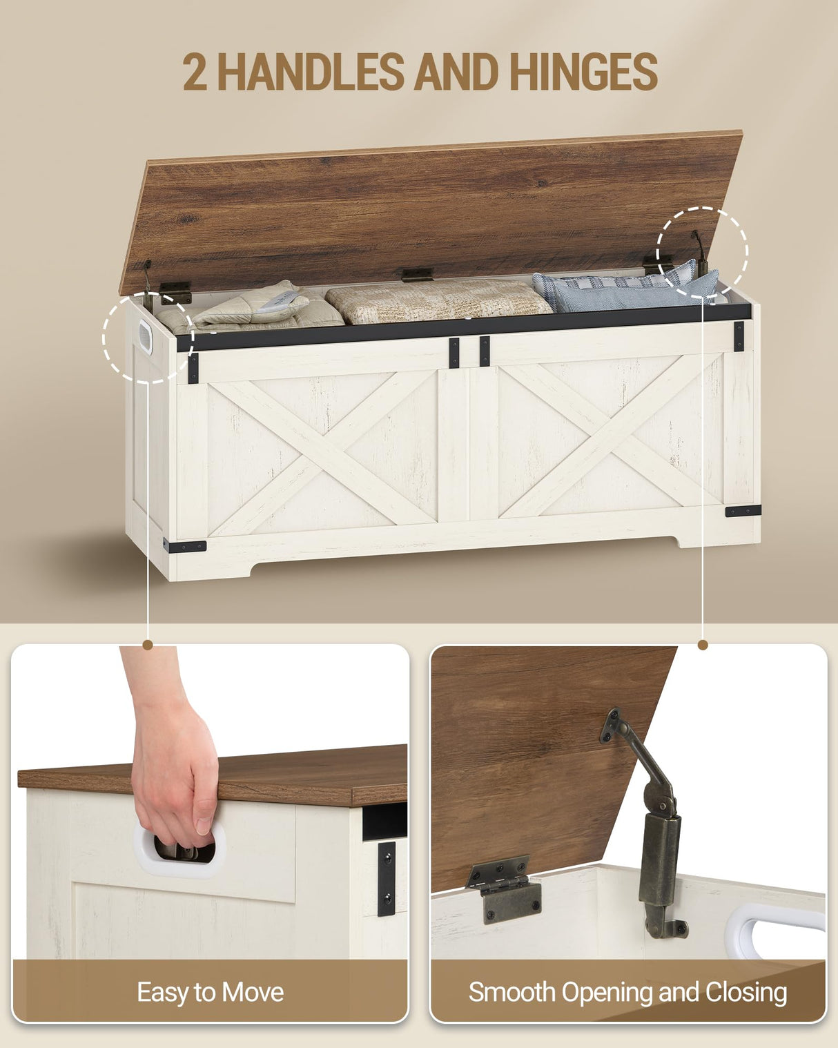 Hzuaneri 47.2" Storage Chest, Large Storage Trunk with 2 Hinges, Farmhouse Wooden Box Bench, Lift-Top Organizer Chest, Entryway Trunk for Bedroom, Living Room, White and Brown SB12114X Hzuaneri