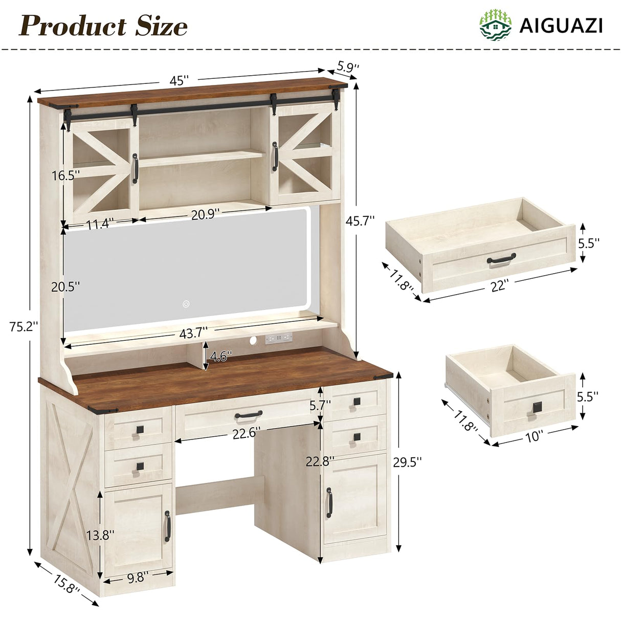 75.2" Farmhouse Makeup Vanity Desk with Large Lighted Mirror and Sliding RGB Cabinets, Large Vanity Table with Charging Station & 5 Drawers & Barn Doors, Tall Makeup Desk with Storage Shelves Aiguazi