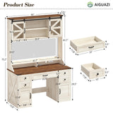 75.2" Farmhouse Makeup Vanity Desk with Large Lighted Mirror and Sliding RGB Cabinets, Large Vanity Table with Charging Station & 5 Drawers & Barn Doors, Tall Makeup Desk with Storage Shelves Aiguazi