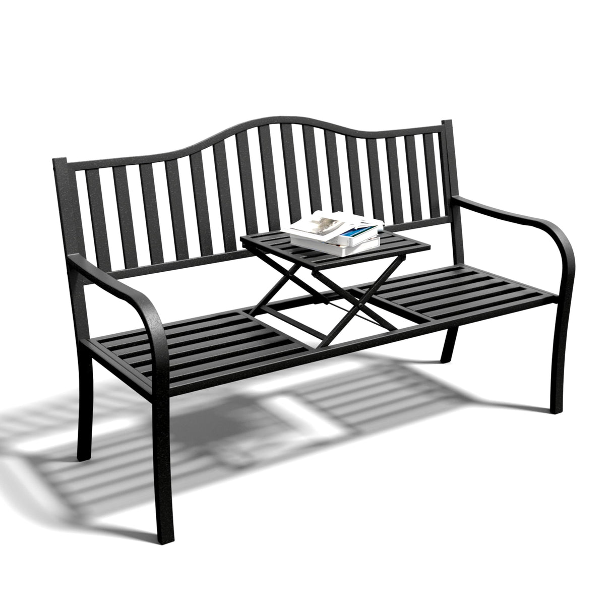 SHGJ&SOFT Outdoor Bench, Garden Bench, Cast Iron Metal Frame Patio Park Bench with a Small Table, for Porch, Lawn, Garden, Yard (D2644BK-1) SHGJ&SOFT