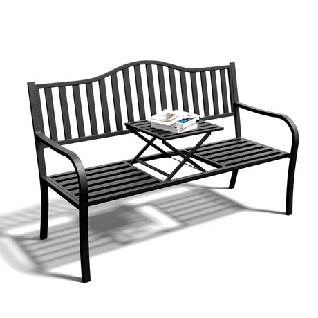 SHGJ&SOFT Outdoor Bench, Garden Bench, Cast Iron Metal Frame Patio Park Bench with a Small Table, for Porch, Lawn, Garden, Yard (D2644BK-1) SHGJ&SOFT