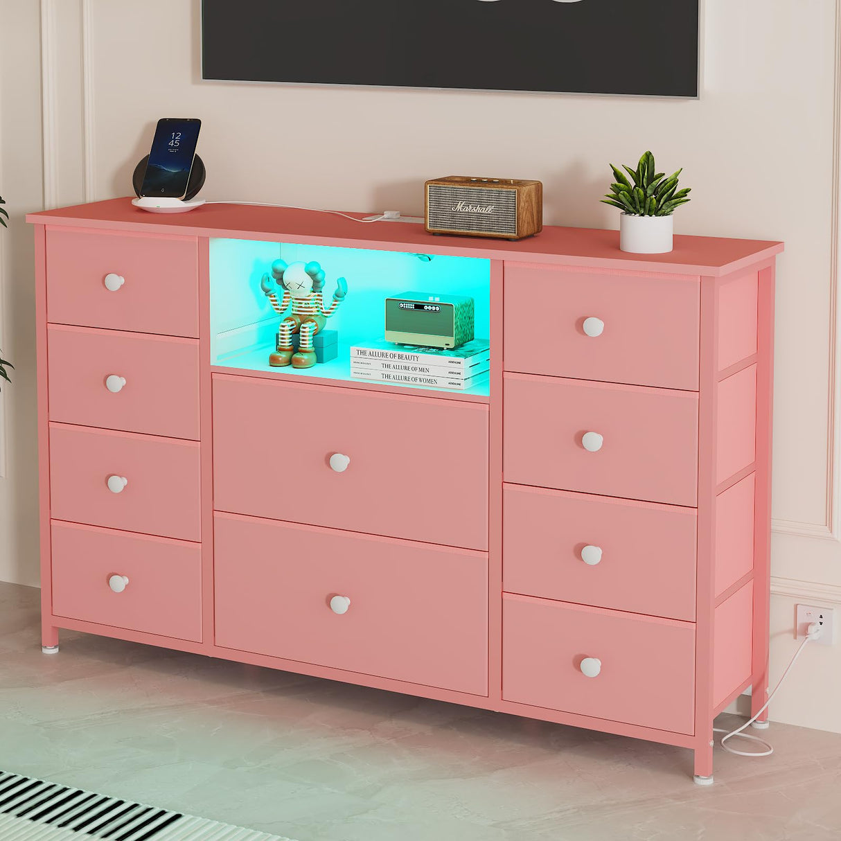 LDTTCUK Dresser with Charging Station and LED Lights, Pink Dresser for Girls Bedroom, Bedroom Long Dresser TV Stand with 10 Drawers, Fabric Wide Dresser Storage Organizer for Hallway, Kids Room LDTTCUK