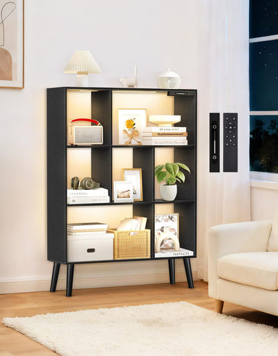 OUTONLIFE 7-Cube Bookshelf with LED Lights, Touch & Remote Control, Freestanding Open Bookcase Storage Shelf, Dimmable Modern Wooden Display Organizer with Legs for Living Room, Bedroom, Office(Black)