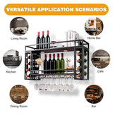 Ceiling Wine Glass Rack - Wine Rack Wall Mounted with Glass Holder, 2 Layer Industrial Hanging Wine Bottle Holder with LED, Wine Storage Display Shelf for Home Bar Dining Room Kitchen (Black, 47.2in) KEPMOGOH