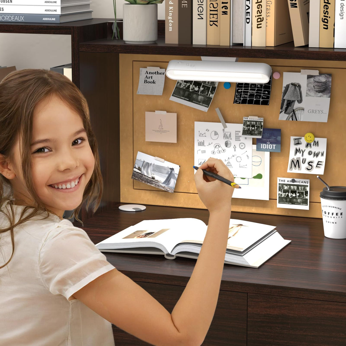 RUPOLX Espresso Kids Desk and Chair Set for 5-12 Year Old,Kids Study Desk with 3-Color Lights,Childrens Computer Desk with 4 Drawers, Kids Study Table with Storage Shelf-D-40 RUPOLX