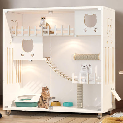 Enclosed Cat Condo, Large Space Cat Cage with Scratching Post, Wooden Indoor/Outdoor Cat Enclosure, Multi-Feature Cat Houses Ventilation Glass Doors, 50" X 48" X 24" (White, 50" X 48" X 24")