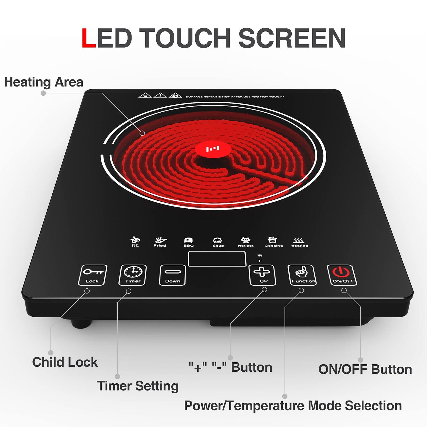 Electric Cooktop, Portable Electric Cooktop 1800W Single Burner Stove with LED Touch Screen, 8 Power & 8 Temperature Levels, Timer, Microcrystalline Panel,120V Energy Saving Hot Plate for Home Camping