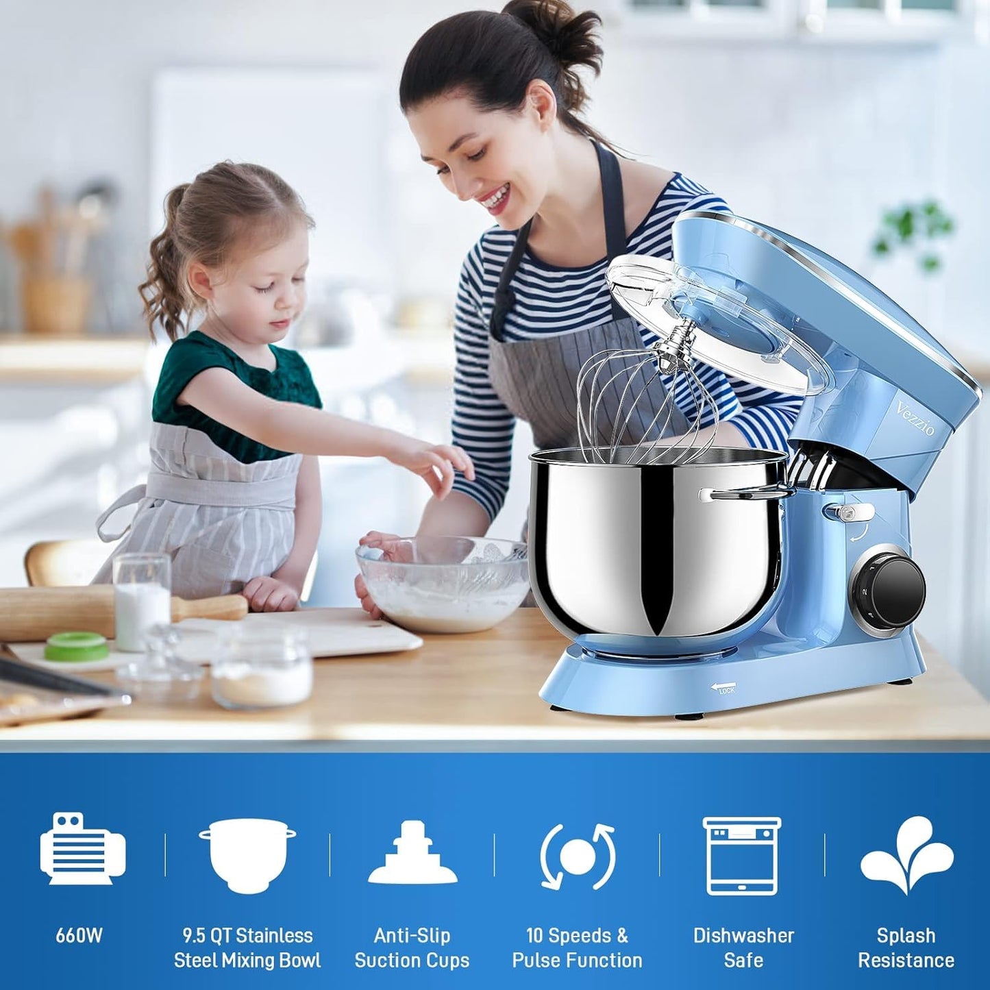 9.5 Qt Stand Mixer, 10-Speed Tilt-Head Food Mixer, Vezzio 660W Kitchen Electric Mixer with Stainless Steel Bowl, Dishwasher-Safe Attachments for Most Home Cooks(Blue)