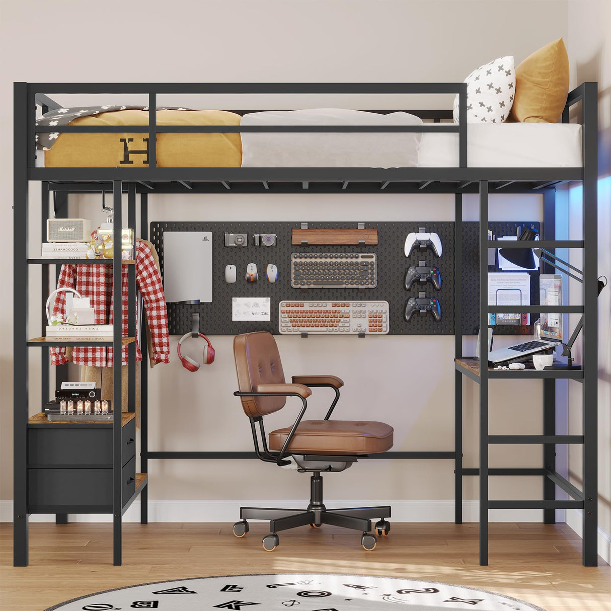 DICTAC Loft Bed Twin Size with Desk and Charging Station Metal Loft Bed with Led Lights,Storage Shelves and Drawers Twin Bed Frame with Clothes Rail,Safety Guard & Ladder,No Box Spring Needed,Black DICTAC