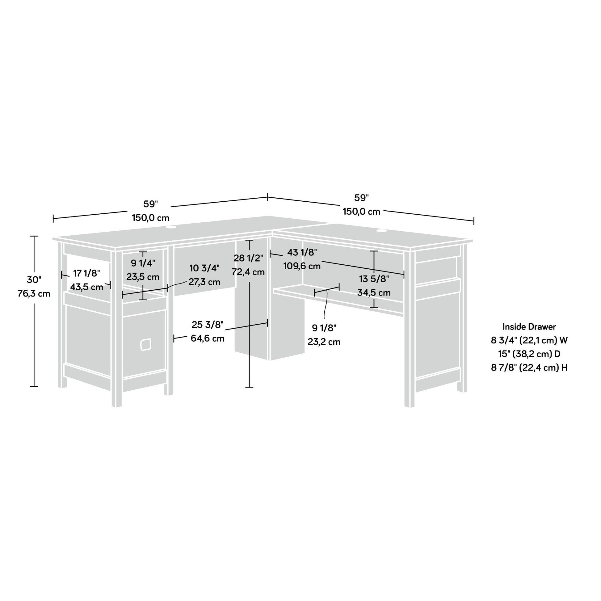 Sauder Cannery Bridge L-Desk, L: 59.06" x W: 59.06" x H: 30.04", Sindoori Mango finish - WoodArtSupply