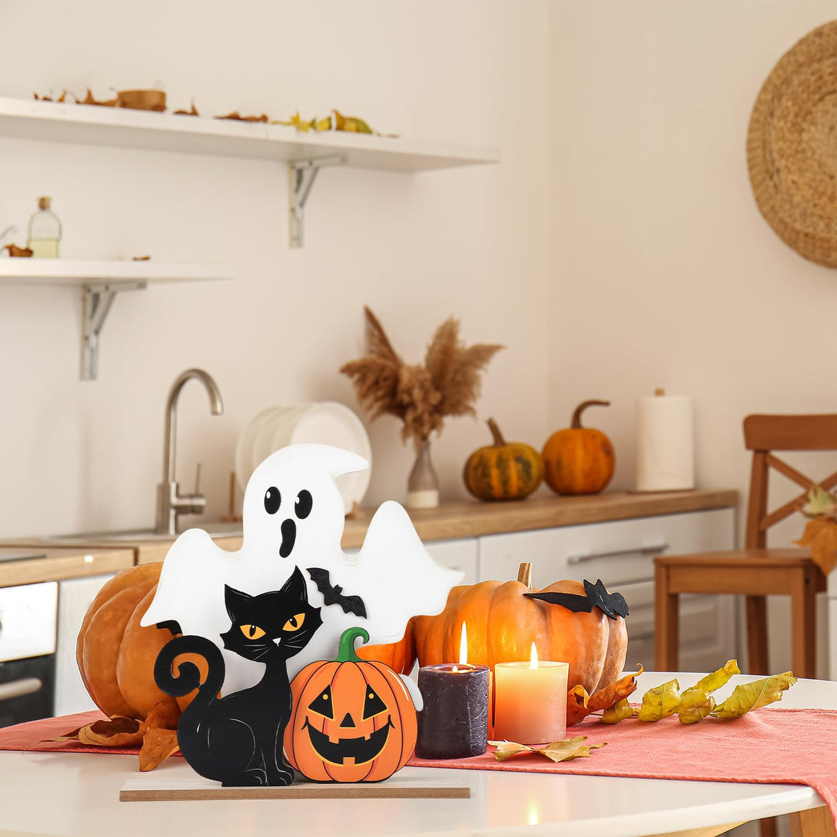 Halloween Decorations Wooden Ghost Table Sign Pumpkin Black Cat Table Centerpieces Standing Tabletop Decoration Happy Halloween for Holiday Desk Tiered Tray Party Shelf Decorations Farmhouse Sophena