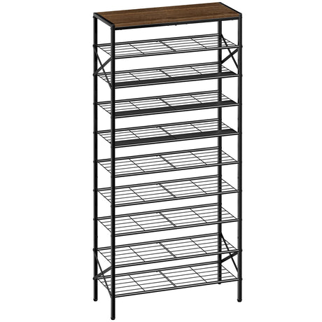 UNITSTAGE 10-Tier Tall Shoe Rack Organizer Shoe Storage for Entryway 30-40 Pairs Metal Shoe Rack for Closet Heavy-Duty Shoe Rack with Wooden Top Shelf for Garage Rustic Brown UNITSTAGE