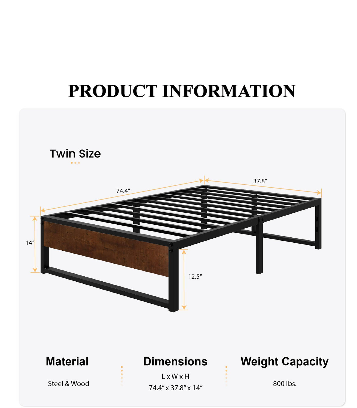 SHA CERLIN 14'' Twin Size Metal Platform Bed Frame with Rustic Wood & Reverse Holes/Ample Under-Bed Storage Space/Mattress Foundation/No Box Spring Needed/Easy Assembly SHA CERLIN