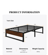 SHA CERLIN 14'' Twin Size Metal Platform Bed Frame with Rustic Wood & Reverse Holes/Ample Under-Bed Storage Space/Mattress Foundation/No Box Spring Needed/Easy Assembly SHA CERLIN
