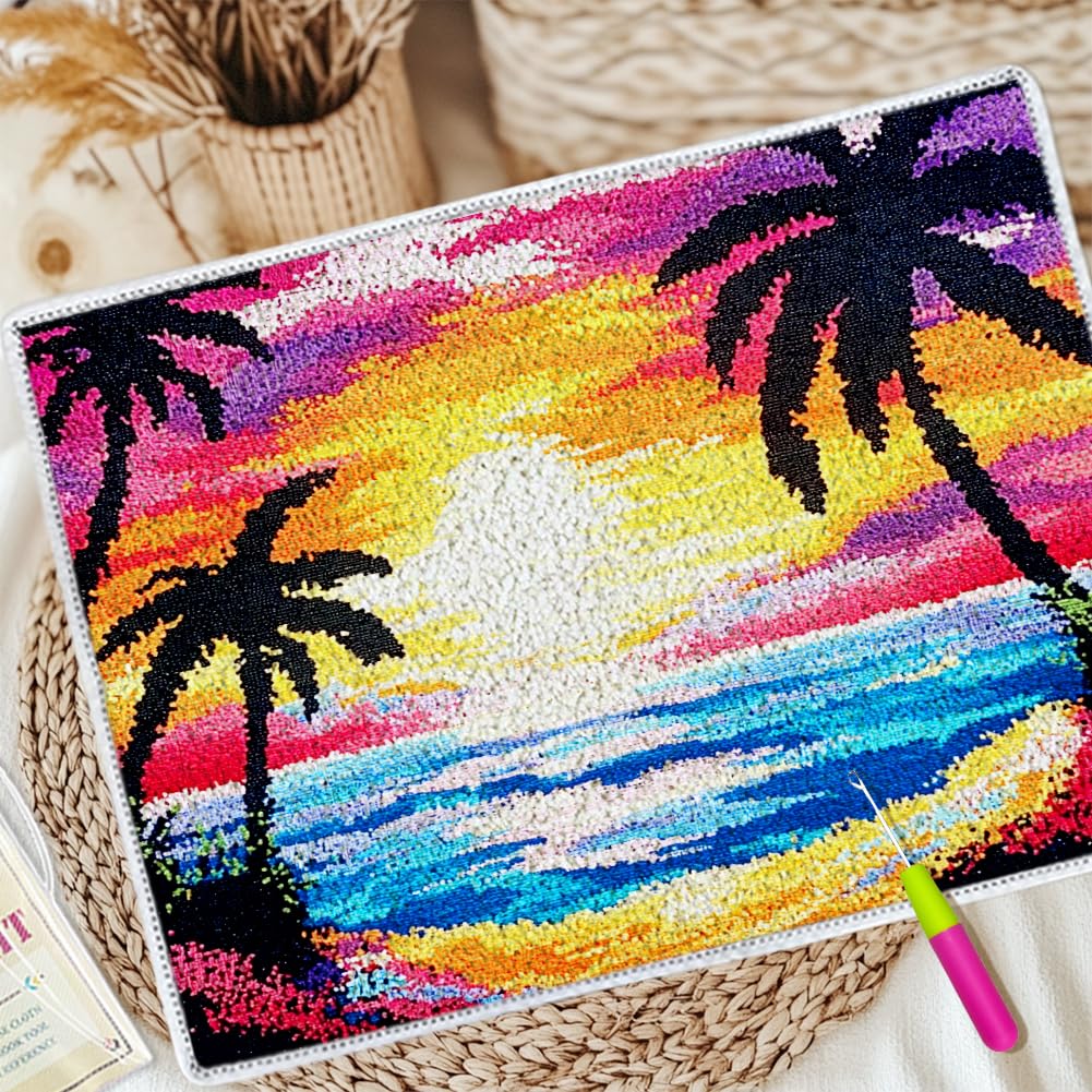 ORIGACH Sunset by The Beach Latch Hook Rug Kit for Adults Printed Rug Making Kit Handmade Carpet Tapestry Cover with Hook Latch and Preprinted Canvas, Home Arts Crafts Sofa Decor, 20.5x15inch ORIGACH