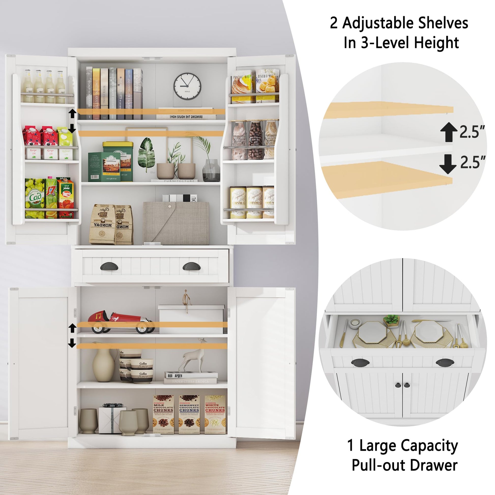 Function Home Pantry Cabinet, 72 Inch Tall Kitchen Storage Cabinet, Freestanding Cupboard with Adjustable Shelves, 1 Drawer and 6 Door Storage Shelves for Kitchen Dinging Living Room, White - WoodArtSupply