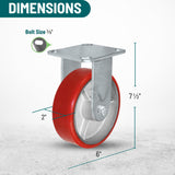 6 Inch Rigid Fixed Caster - 6 X 2 Polyurethane on Iron Wheel - 1200 Lb Weight Capacity - Great for Tool Box Replacements or Heavy Equipment - Easy Push - CasterHQ Brand CasterHQ