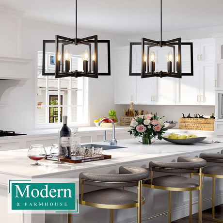 6-Light Black Chandelier, Farmhouse Dining Room Light Fixture, Large Modern Chandelier, Geometric Industrial Metal Hang Lighting Fixture for Foyer Entryway Kitchen Over Table Hallway Living Room Bairth