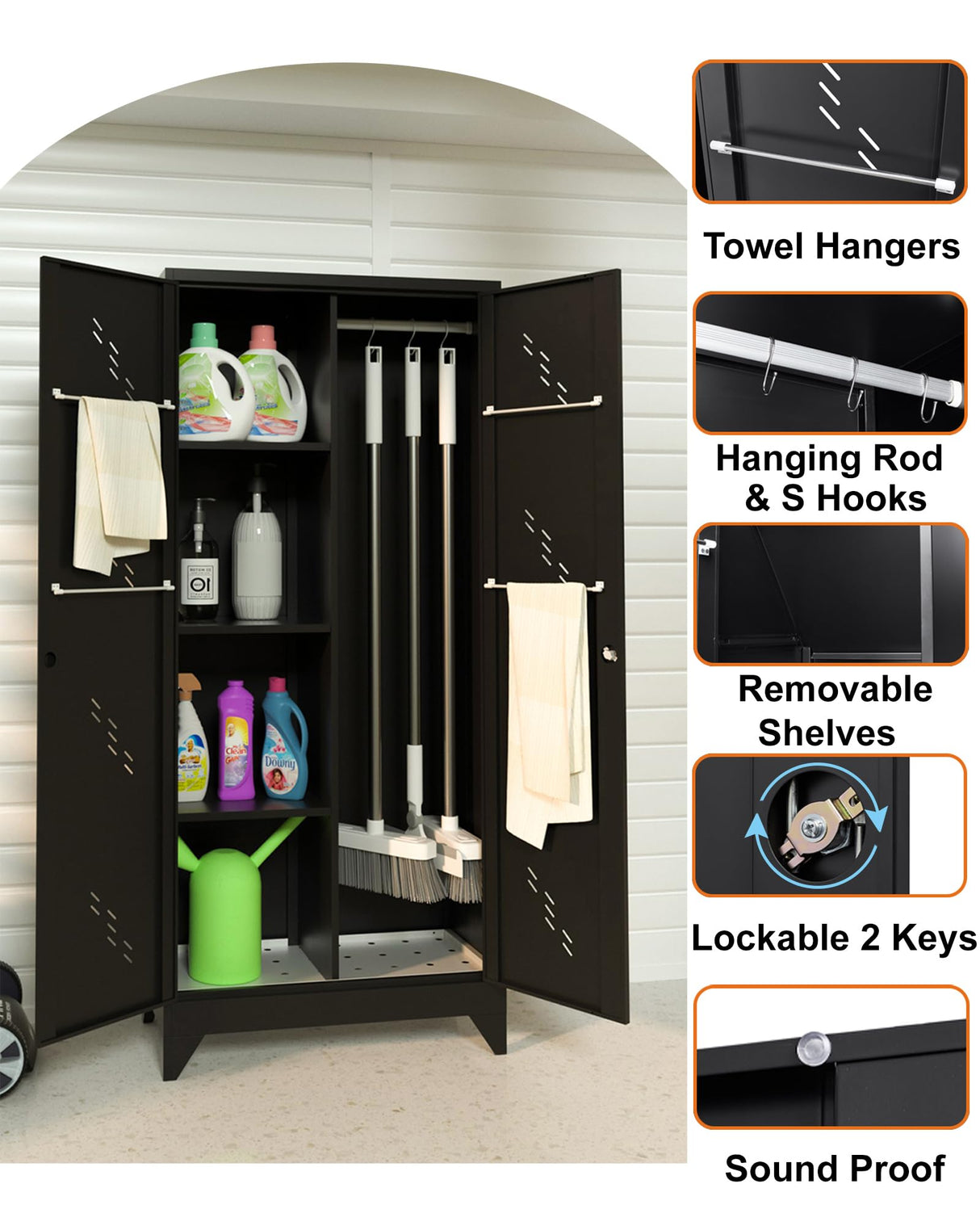 YILFANA Metal Storage Cabinet with Lock, 71" Garage Storage Cabinet with Hanging Rod & S-Hooks, Large Storage Cabinet, Locking Tool Cabinet Utility Closet, Black YILFANA