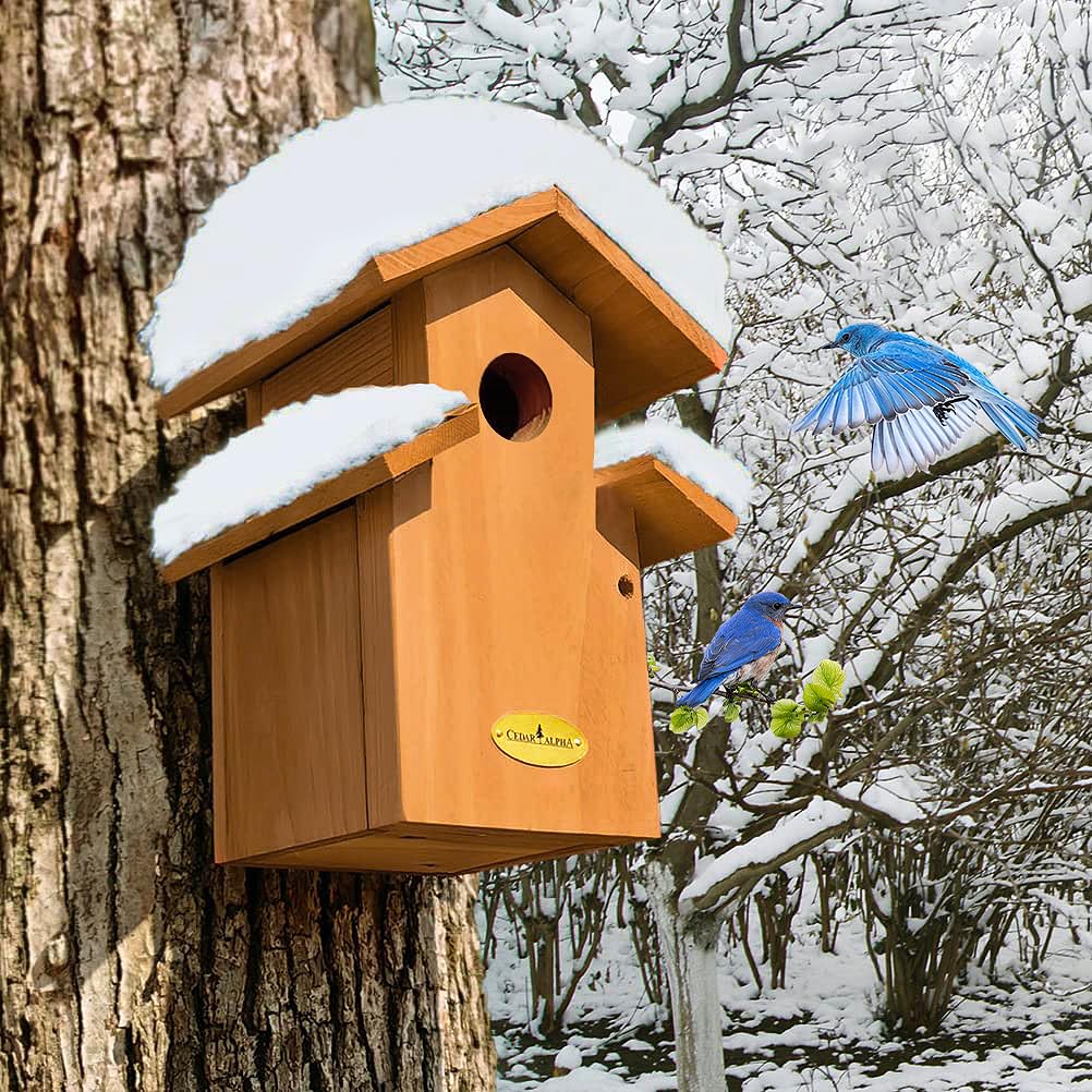 Cedar Comfy Mansion Bluebird House for Outside,2 Layers Metal Roof Water Proof, Outdoor Lifetime Durability Solid Cedar Wood Bird House for Pole, Secure Latch, Updated 1.5" Hole Size