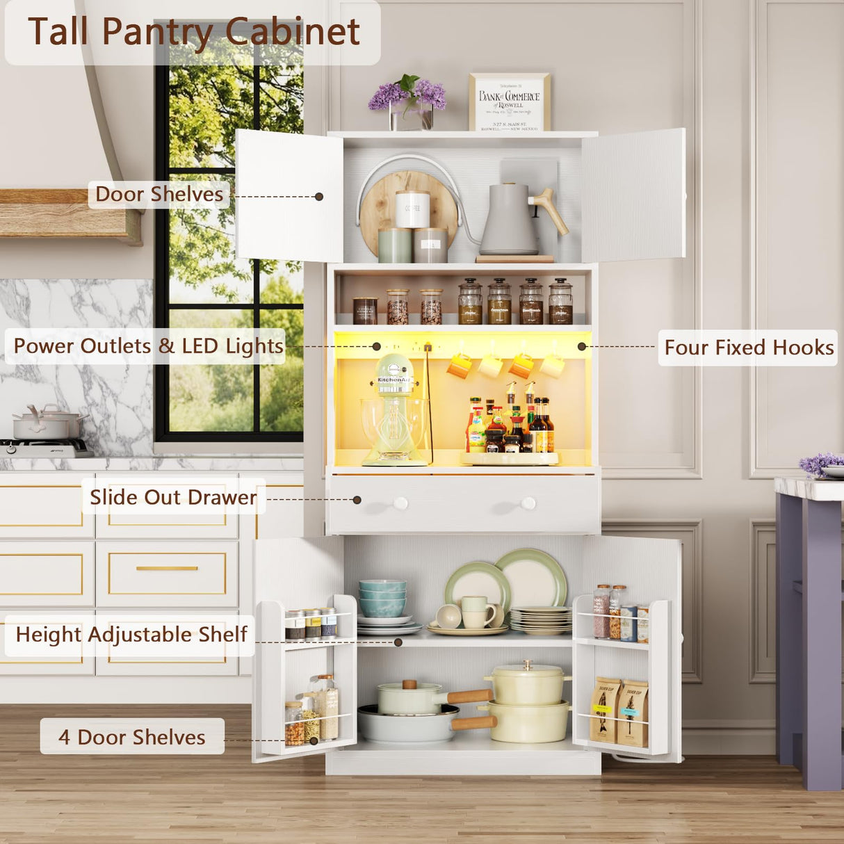 Korfile 71" Tall Kitchen Pantry Storage Cabinet with Power Outlet & LED Light, Freestanding Food Pantry Cabinet with 4 Doors and Shelves, Cupboard with Drawer, Hutch with Microwave Stand, White Korfile