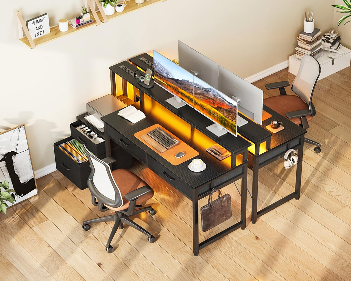 AODK 55-Inch Computer Desk with Power Outlets and LED Lights, Gaming Desk with 4 Fabric Drawers, Reversible Office Desk with Monitor Riser, Writing/Study Table for Home, Black AODK