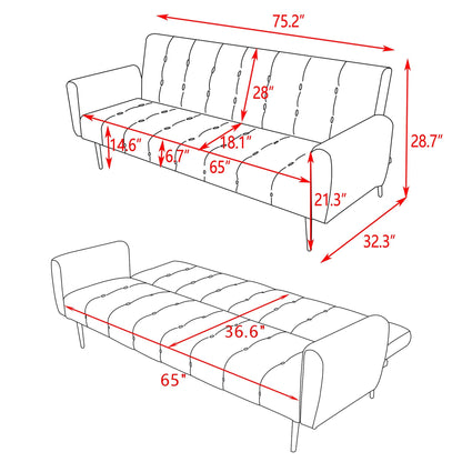 MODCART 75Inch Velvet Futon Sofa Bed with Adjustable Back, Convertible Futon Couch, w/Tufted Buttoned Design & Metal Legs, Upholstered Slpper Bed for Home, Small Space Apartment