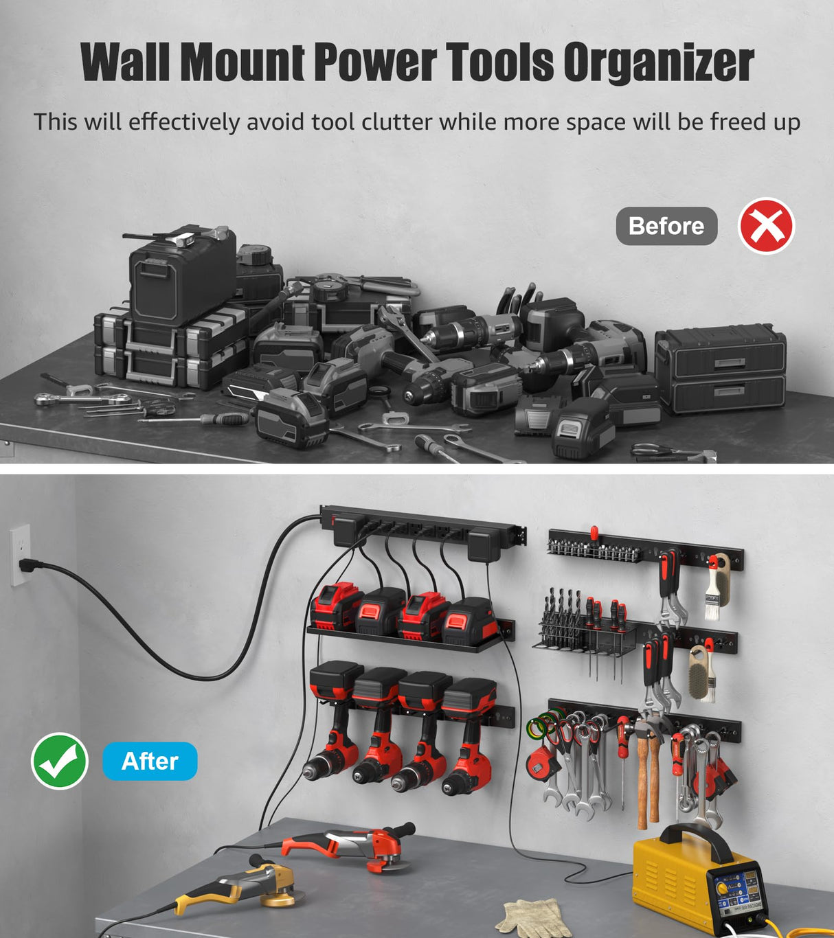 CCCEI 5PCS Individual Pegboard Strip with Power Outlet. Garage All Metal Wall Mount Mini Black Peg Board Set, for Drill and Tools Battery Holder Kit, Cleaning Supplies Cabinet Organizer. Gift for Men CCCEI