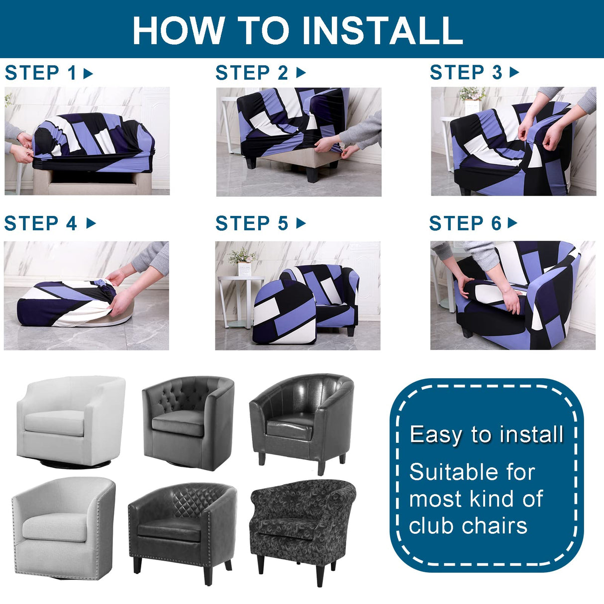 WOMACO 2 Pieces Club Chair Slipcover Printed Stretch Armchair Tub Round Barrel Swivel Chair Covers withc Cushion Cover Elastic Bottom Sofa Furniture Protector for Tullsta (1, Navy) WOMACO