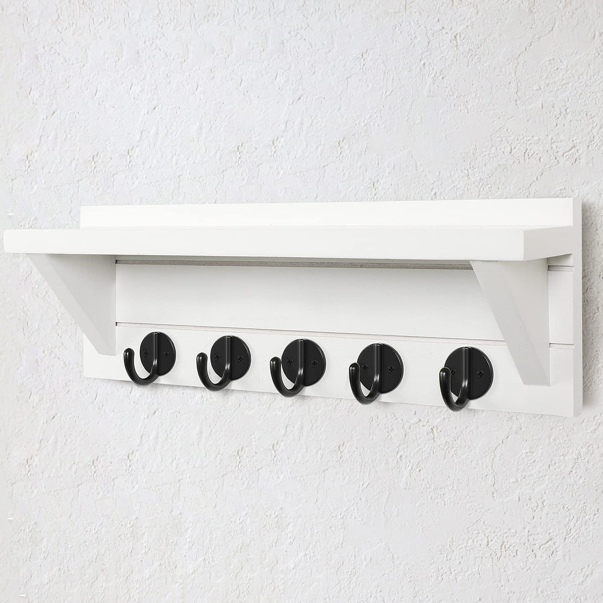 Lwenki Wall Key Holder with Shelf, Rustic Shelf with Hooks Made of Paulownia Wood Holds Keys, Dog Leash, Bags and More - 13.7" W x 4.7" H x 3.5" D Decorative Key Hanger and Entryway Shelf (White) Lwenki