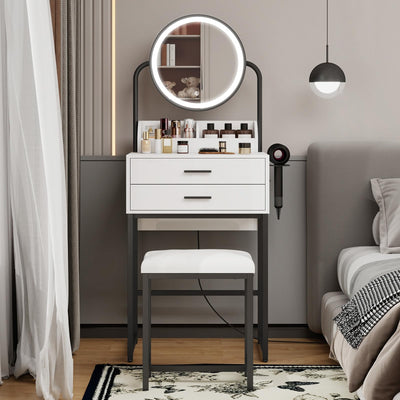 ARTETHYS Small Vanity Desk with Mirror and Lights Compact Makeup Vanity Set with Drawers for Bedroom Mini White Modern Dressing Table with Chair