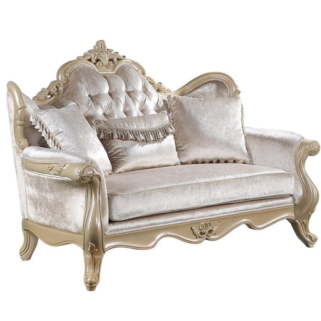 Acme Libertee Upholstered Loveseat with 3 Pillows in Beige and Champagne Acme