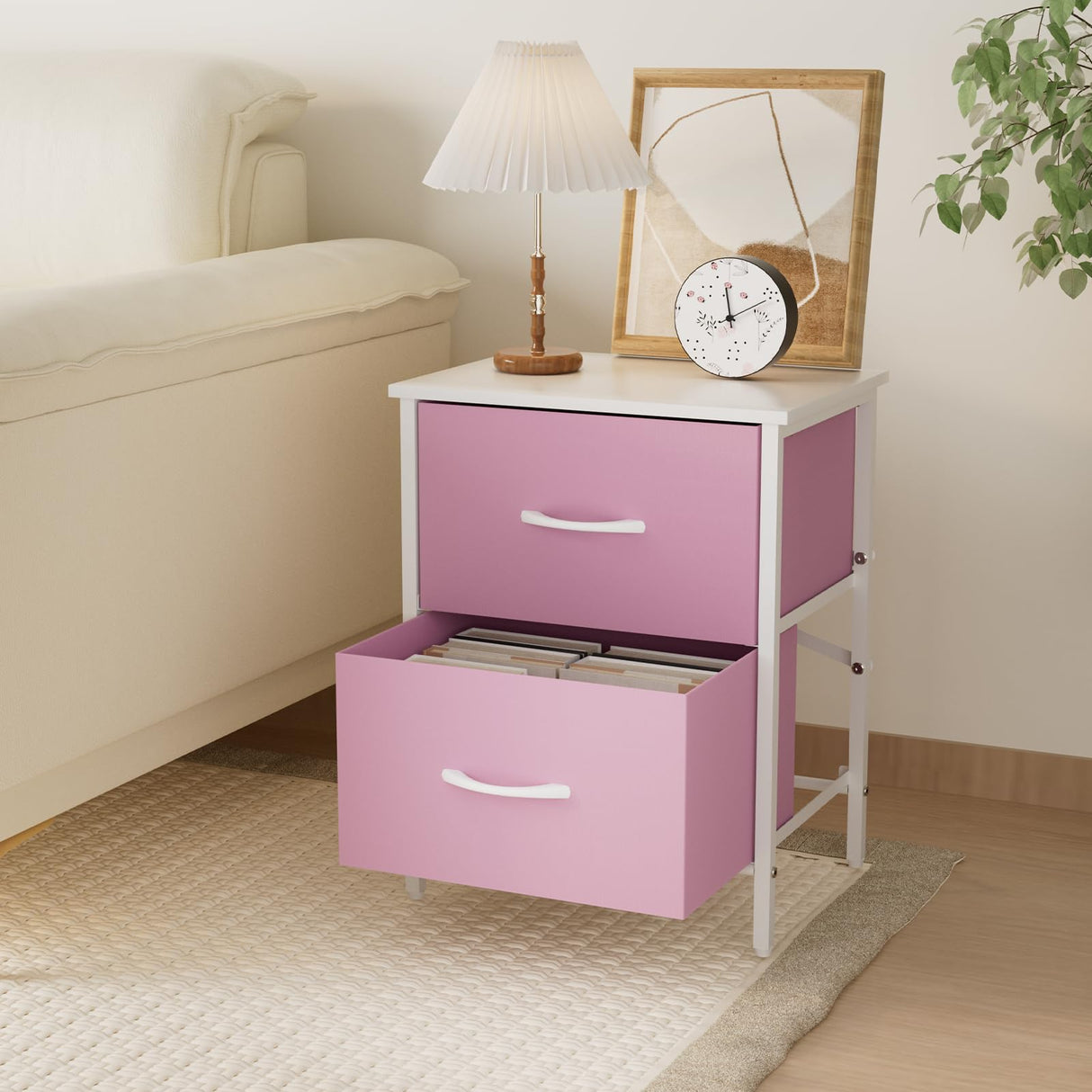 Stero Nightstand Set of 2, Kids Dresser with 2 Drawers, Steel Frame Bedside Furniture, Wood Top Fabric Night Stand, Colorful End Table for Home, Bedroom, Office, Pink Stero