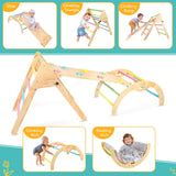 Pikler Triangle Set with Cushion, 7 in 1 Wooden Climbing Toys for Toddlers 1-3 Inside, Toddler Climbing Toys Indoor with Ramp, Arch and Ladder, Montessori Foldable Climbing Set for Toddlers and Kids KAISASA