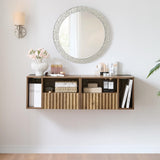 BuildHom Modern Rustic Brown Fluted Floating Nightstand with Charging Station, NightStand with Drawers, Bedside with USB Ports and Outlets, Bedroom Furniture (Right) BuildHom