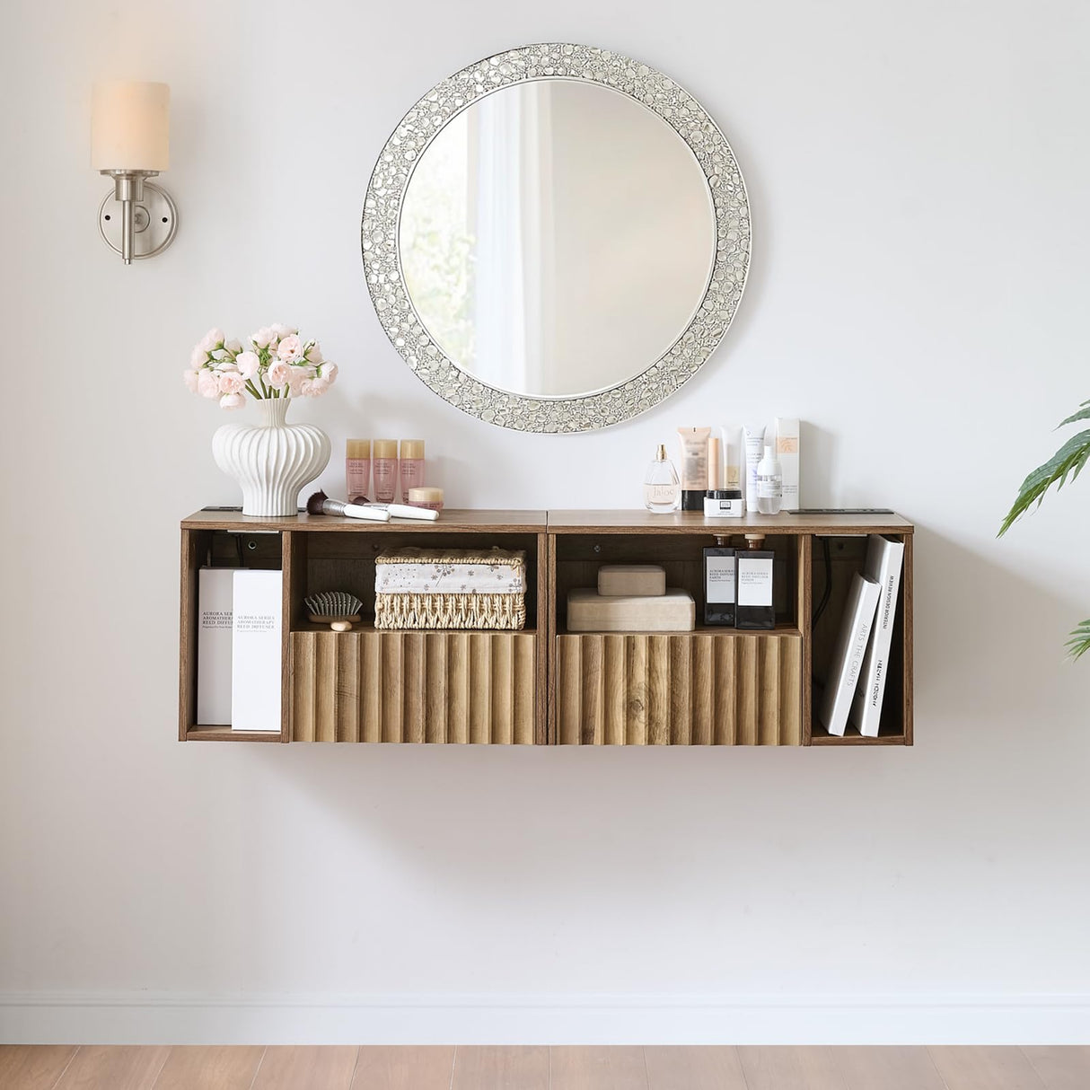 BuildHom Floating Nightstand with Charging Station - Modern Rustic Brown Fluted Bedside Table with Drawer, USB Ports & Outlets (Set of 2) BuildHom