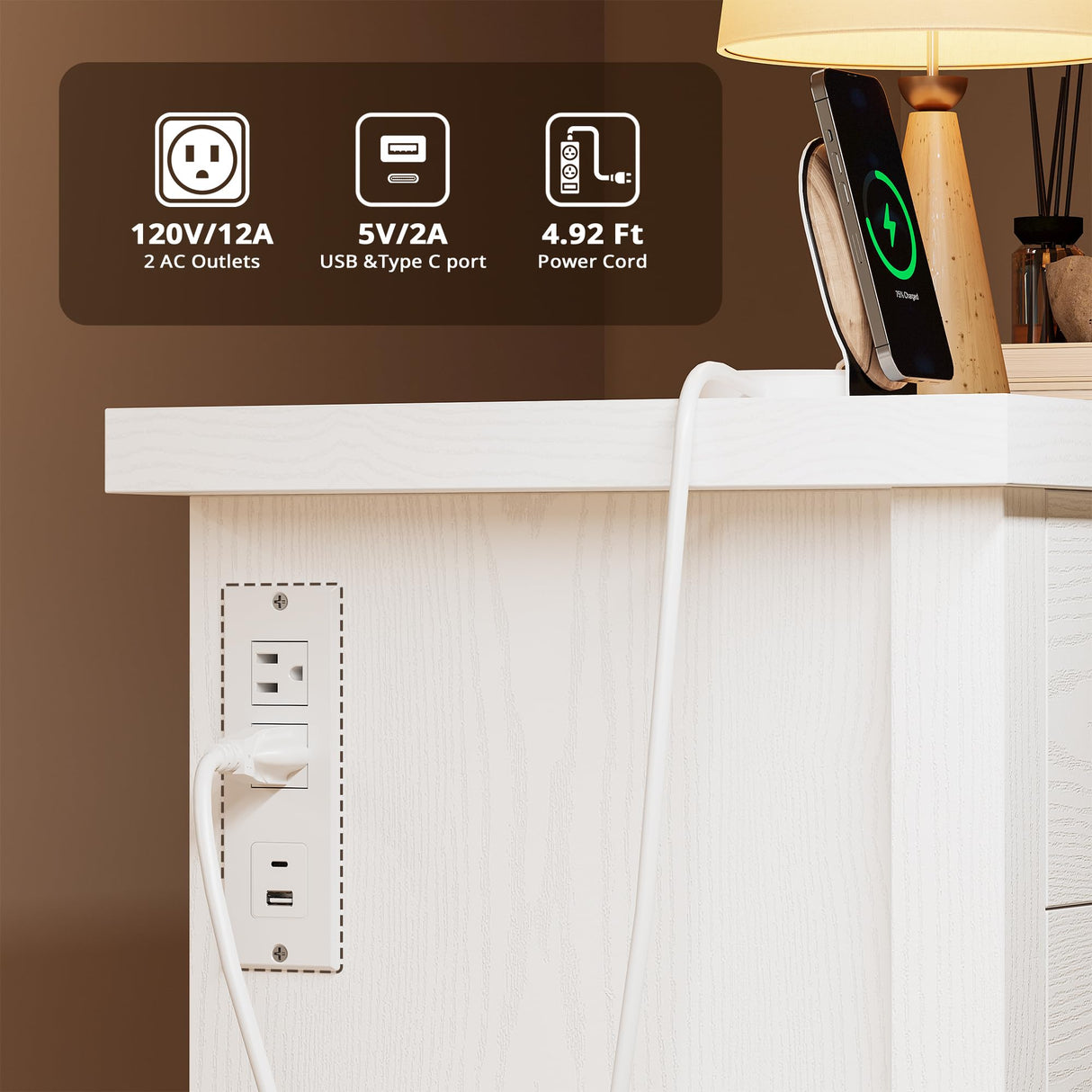 LIKIMIO Dresser with 10 Drawers, Bedroom Wooden Chest of Drawers with LED Lights and Power Outlets, Fabric Side Pocket, TV Stand for Living Room, White LIKIMIO