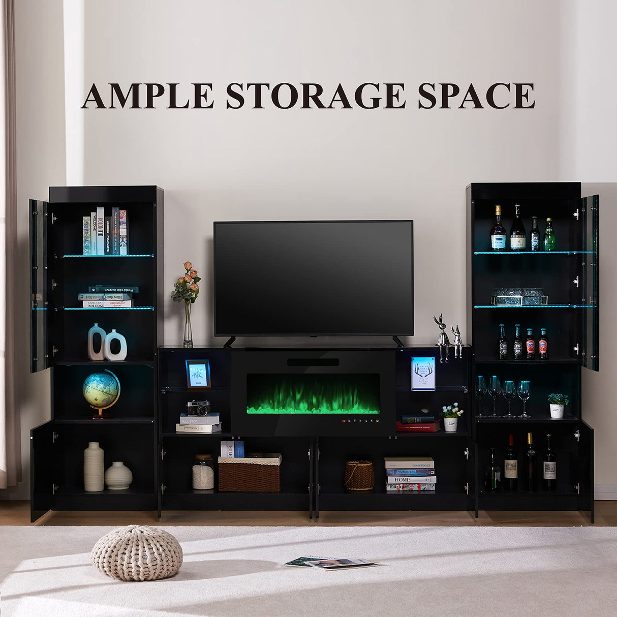 AMERLIFE 3 Piece Modern High Gloss Fireplace TV Stand + Bookcase Set for Living Room Includes 68" TV Stand with 40" Fireplace, 2 X Bookcase Storage Cabinet with Doors & 20 Colors LED Lights, Black AMERLIFE