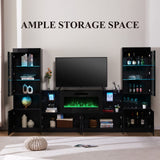 AMERLIFE 3 Piece Modern High Gloss Fireplace TV Stand + Bookcase Set for Living Room Includes 68" TV Stand with 40" Fireplace, 2 X Bookcase Storage Cabinet with Doors & 20 Colors LED Lights, Black AMERLIFE