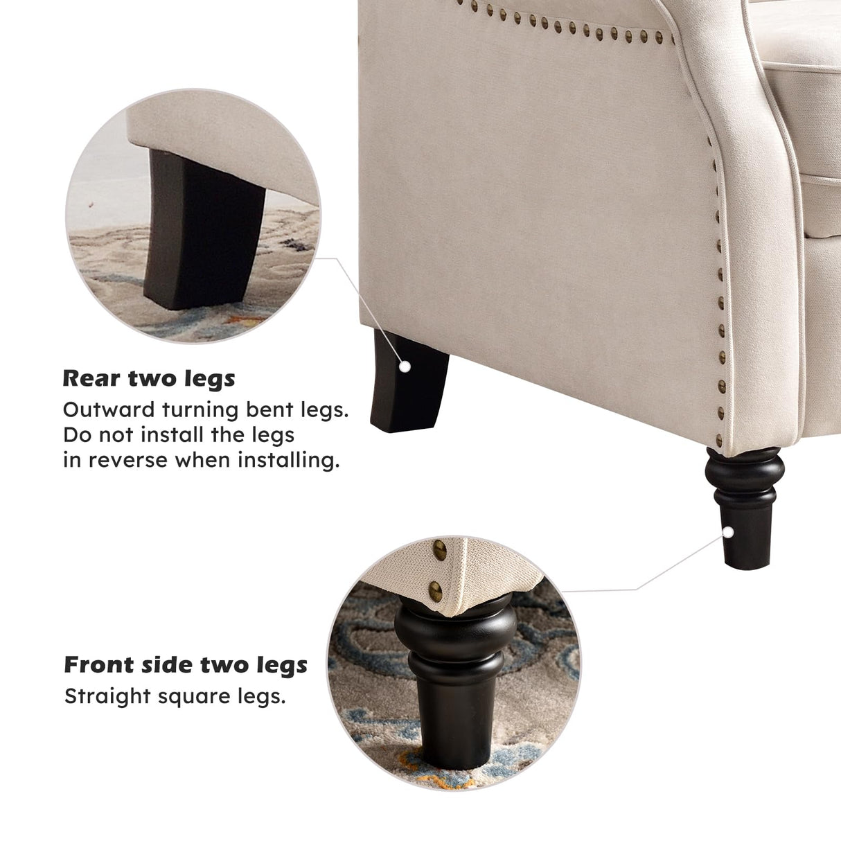 IOMOR Push Back Recliner Chair Fabric Lounge Armchair Pushback Recliner with Rivet Decoration Wingback Single Sofa Chair with Padded Seat for Living Room, Bedroom Set of 2, Beige IOMOR