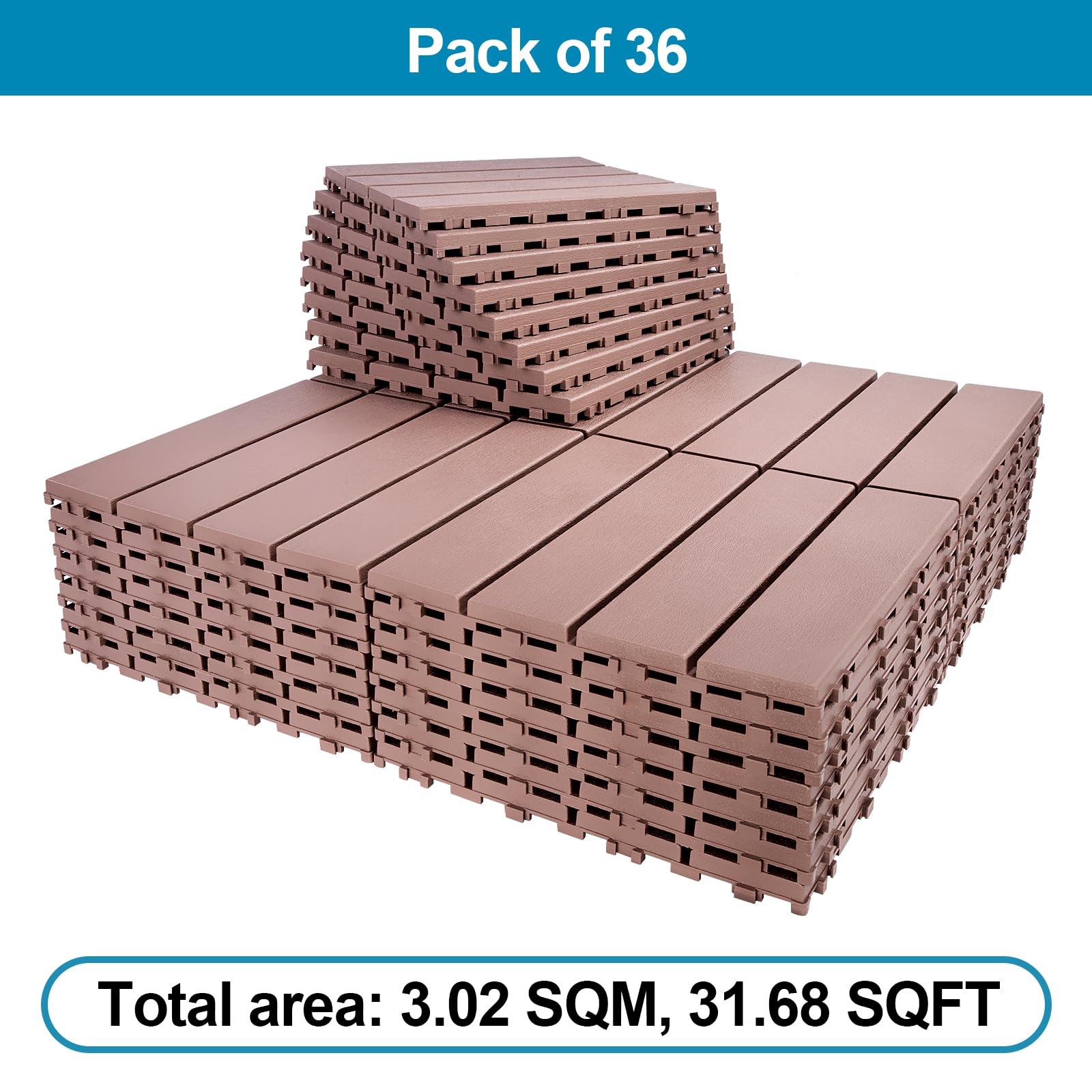 Spurtar Deck Tiles Interlocking Outdoor All Weather, 36 Pack (11.3"x11.3") 31.68 sqft, Plastic Interlocking Deck Tiles All Weather Use, Patio Floor Decking Tiles for Balcony Backyard, Brown - WoodArtSupply