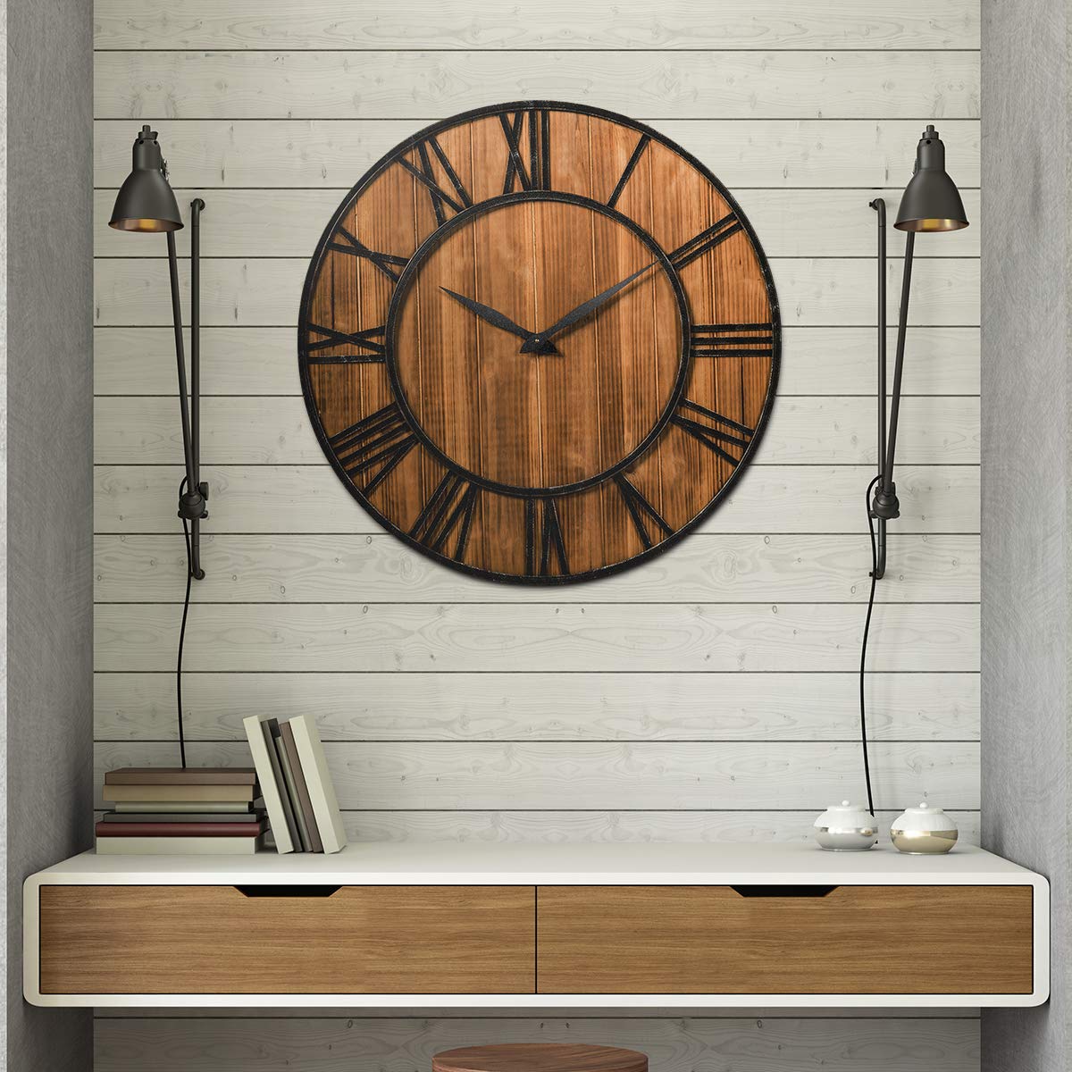 Tangkula 30 Inch Round Wall Clock, Farmhouse Large Wall Clock with Roman Numerals, Decorative Wooden Wall Clock, Come with AA Battery, Rustic Wall Clock Hanging for Home Office (Bronze+Brown) Tangkula