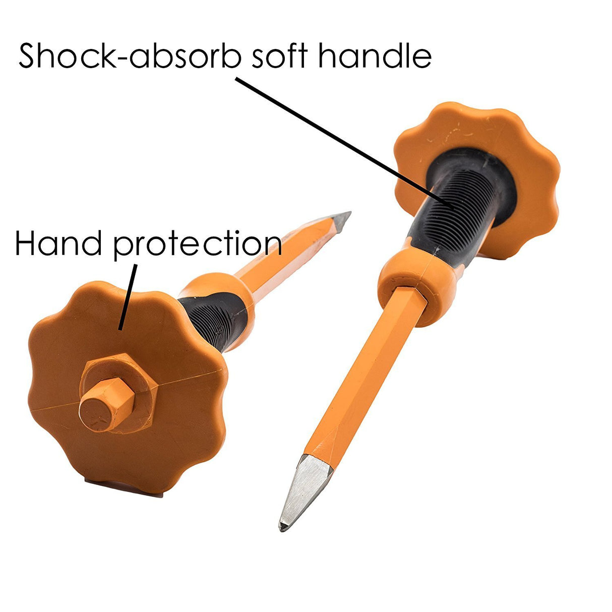 Finder 2 pcs 12-Inch Heavy Duty Chisels Set With Hand Protection, Flat Head and Pointed/Spear Head, Demolishing/Masonry/Carving/Concrete Breaker Chisels set with Bi-Material Hand Guard … FINDER