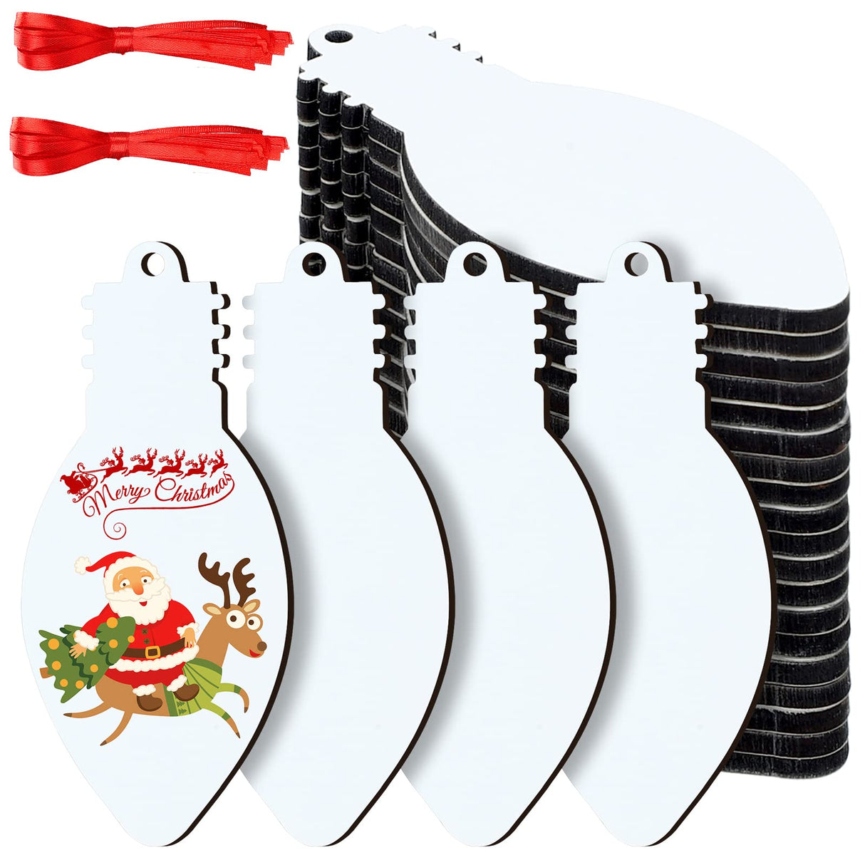 Jetec 20 Pcs Light Bulb Sublimation Ornament Blank MDF Double Sided Christmas Sublimation Christmas Hanging Ornaments with Red Rope for Christmas Crafts DIY Decoration Jetec