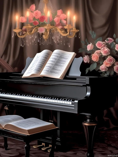 WXQZHF 5D Music Theme Diamond Painting Kits for Adults Piano Flower Diamond Art Kits for Gift Home Wall Bathroom Decor 12x16 inch
