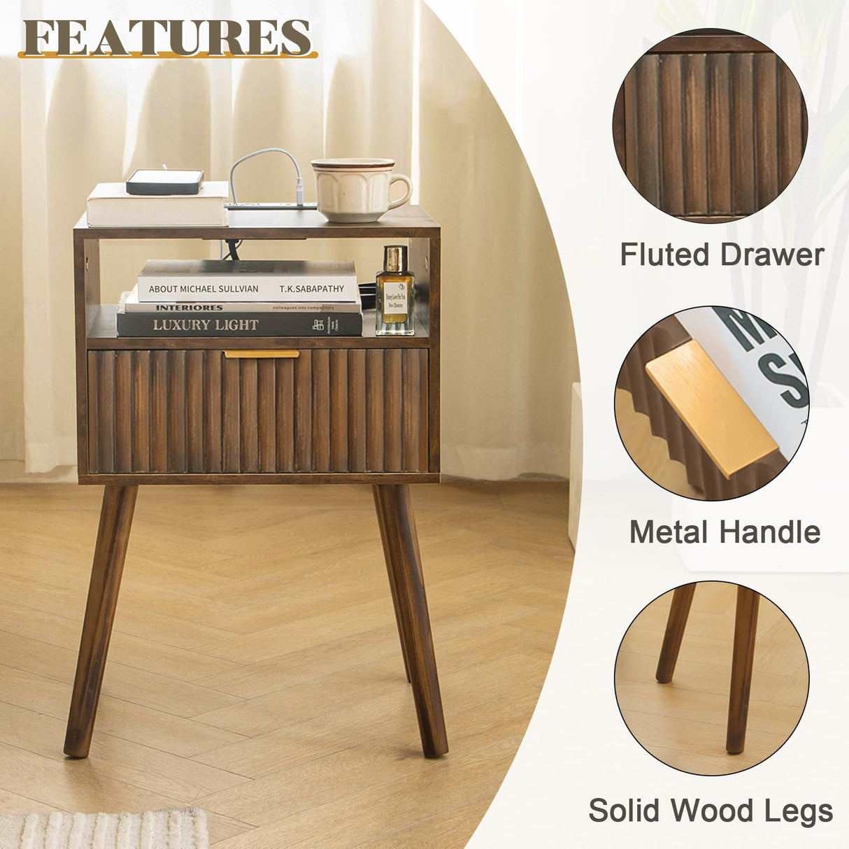 Fultyle Mid Cetury Modern Nightstand with Charging Station, Fluted Bedside Table with Storage, Modern Side End Table with Solid Wood Legs Living Room for Bedroom and Small Space (Rustic Brown) Fultyle