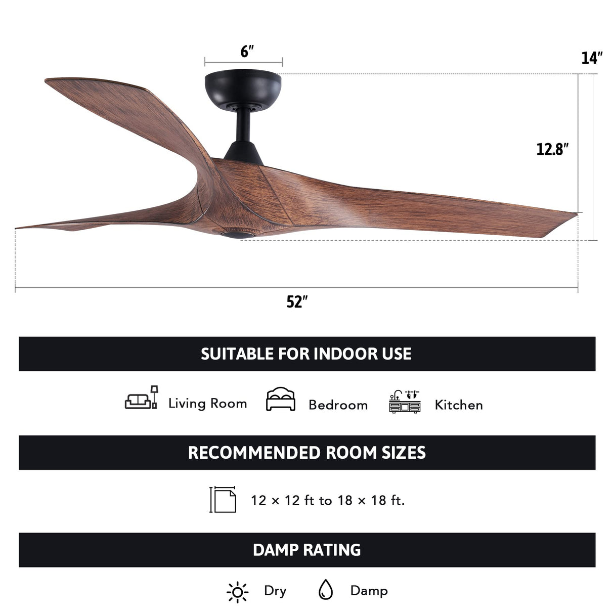 VONLUCE 52" Industrial Ceiling Fan No Light with Remote Control, Mid Century Ceiling Fans with 3 Walnut ABS Blades DC Motor, Indoor Ceiling Fan for Kitchen Bedroom Living Room, Walnut VONLUCE