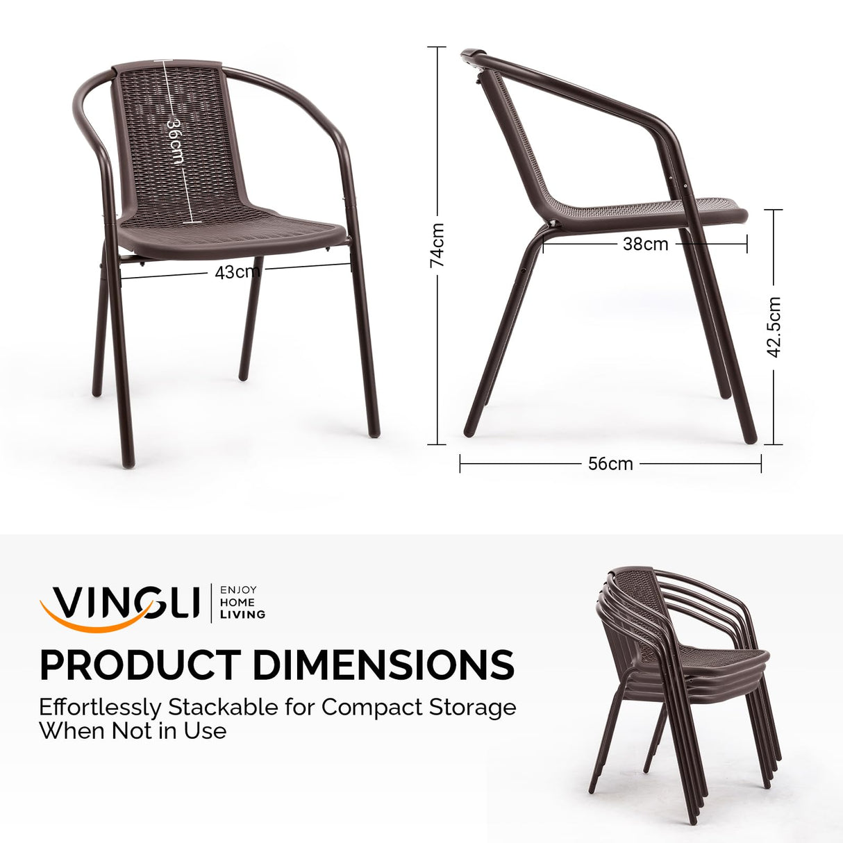 VINGLI Stackable Outdoor Chair Set of 4, Rattan Plastic Chair, Woven Rattan Cushion, Suitable for Backyard, Patio, Brown VINGLI