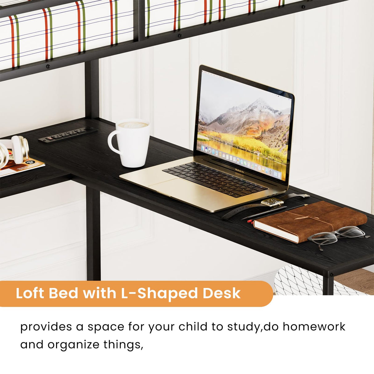 Full Size Loft Bed with L-shaped Desk, Metal LED Loft Bed Frame with Charging Cradle, Space-Saving Full Size Bed with One Cabinet Wardrobe and 2 Storage Drawers, Safety Rails and Ladder, Black FAROUCHE